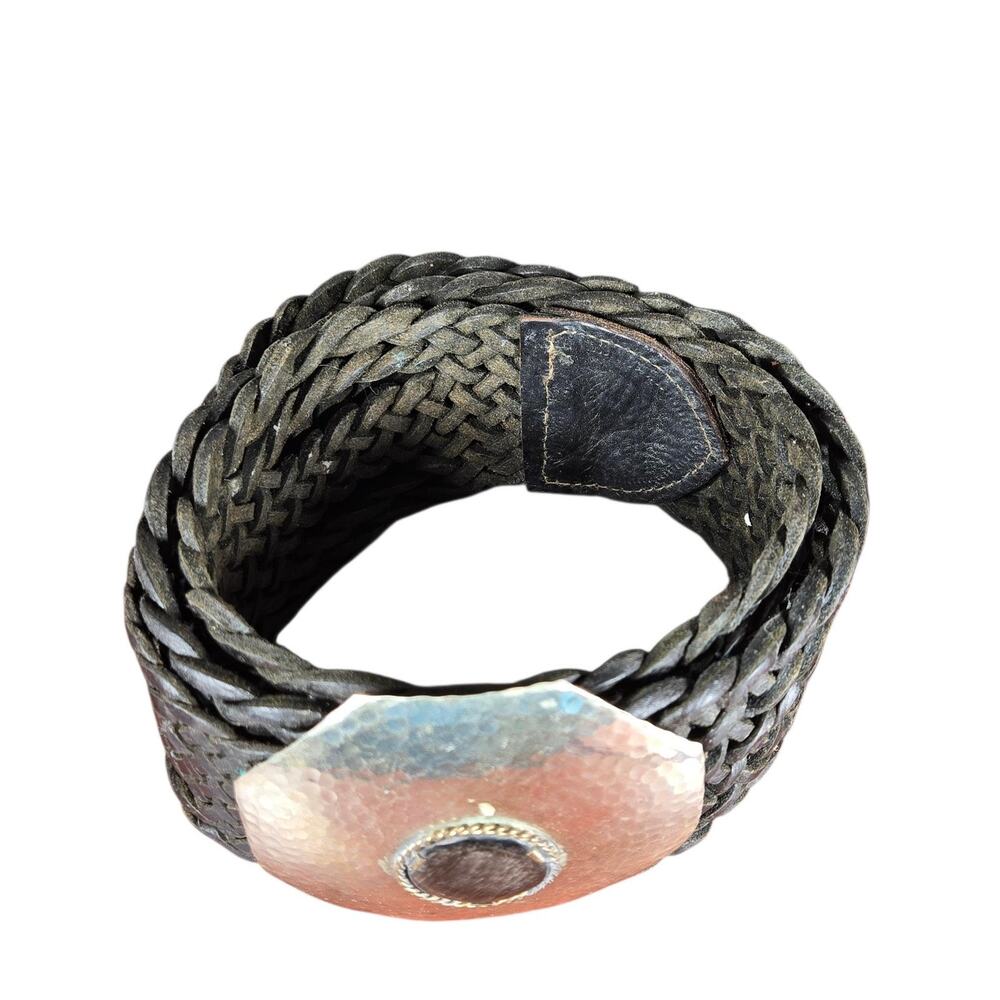 Womens Wide Braided Leather Belt Brown Western Boho Hammered Mixed Metal Buckle - Picture 2 of 10